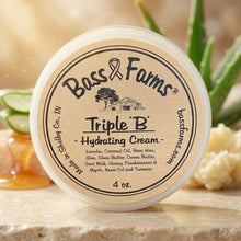 Load image into Gallery viewer, A container of Triple B Hydrating Cream by Bass Farms, with a beige label displaying the product name and a brief description.
