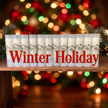 Load image into Gallery viewer, A list of different lip balm flavors with their names displayed in a colorful summer-themed graphic. The flavors include Blueberry Lemonade, Buttercream Coconut, Ginger Peach, Island Margarita, Lava Berry, Pineapple, Sweet Orange, Tropical Paradise, and Watermelon.