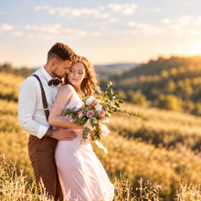 Load image into Gallery viewer, A couple embracing in a field with the word 'Weddings' written above them.