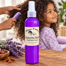 Load image into Gallery viewer, A purple spray bottle labeled 'Bass Farm Enriched Hair Detangler