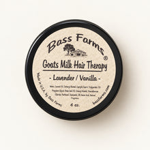 Load image into Gallery viewer, A round container of Bass Farms Goat Milk Hair Therapy with a label that includes the product name and scent
